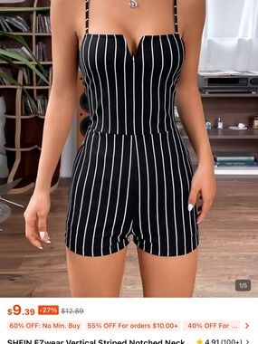Black Vertical Stripe Notched Romper